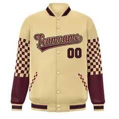 Khaki Crimson-Black Checkered Color Block Bomber Varsity Jacket 3