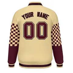 Khaki Crimson-Black Checkered Color Block Bomber Varsity Jacket 4