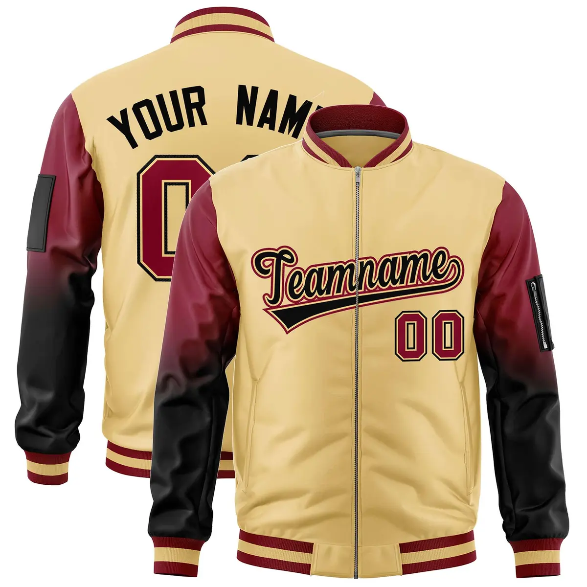Khaki Crimson-Black Gradient Full-Zip Letterman Bomber Jacket