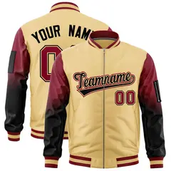 Khaki Crimson-Black Gradient Full-Zip Letterman Bomber Jacket