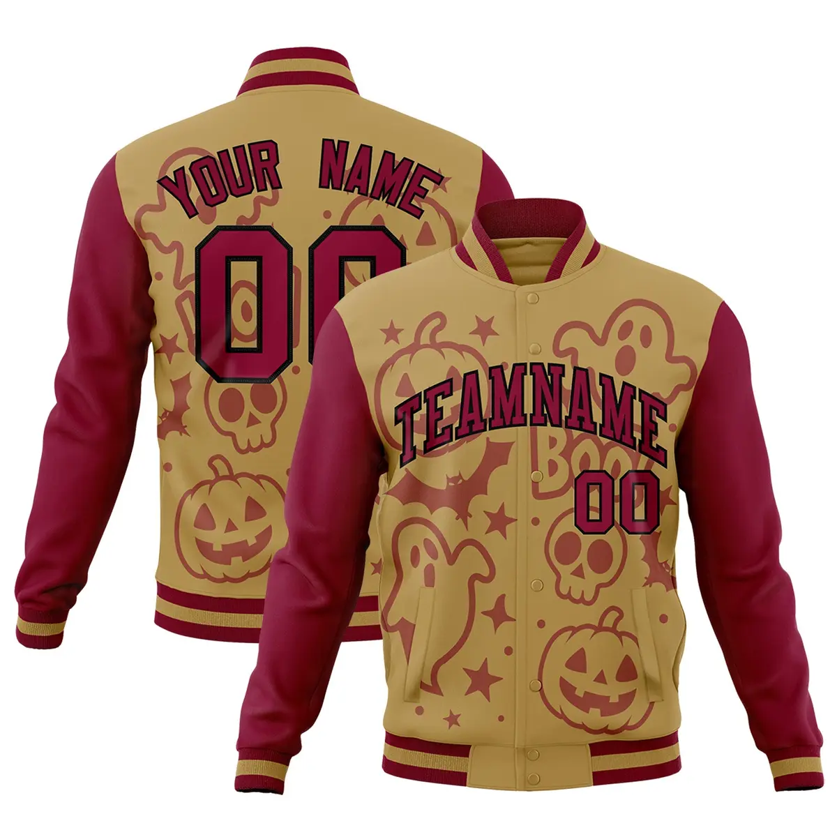 Khaki Crimson Black Halloween Bats Pumpkins Ghost Letterman Jacket