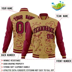 Khaki Crimson Black Halloween Bats Pumpkins Ghost Letterman Jacket 2
