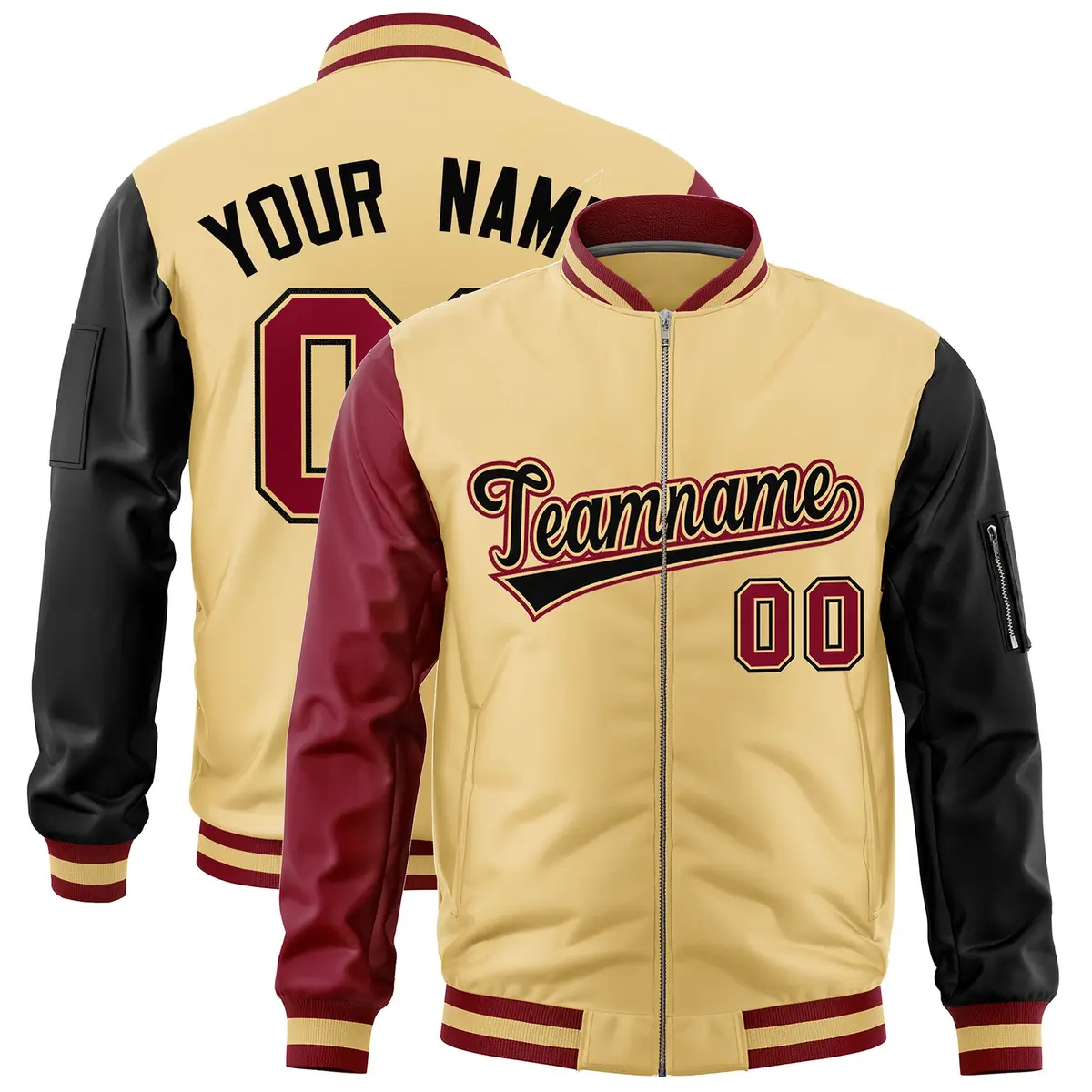 Khaki Crimson Black Varsity Letterman Bomber Jacket Full-Zip Raglan Sleeves