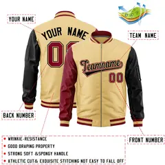 Khaki Crimson Black Varsity Letterman Bomber Jacket Full-Zip Raglan Sleeves 2
