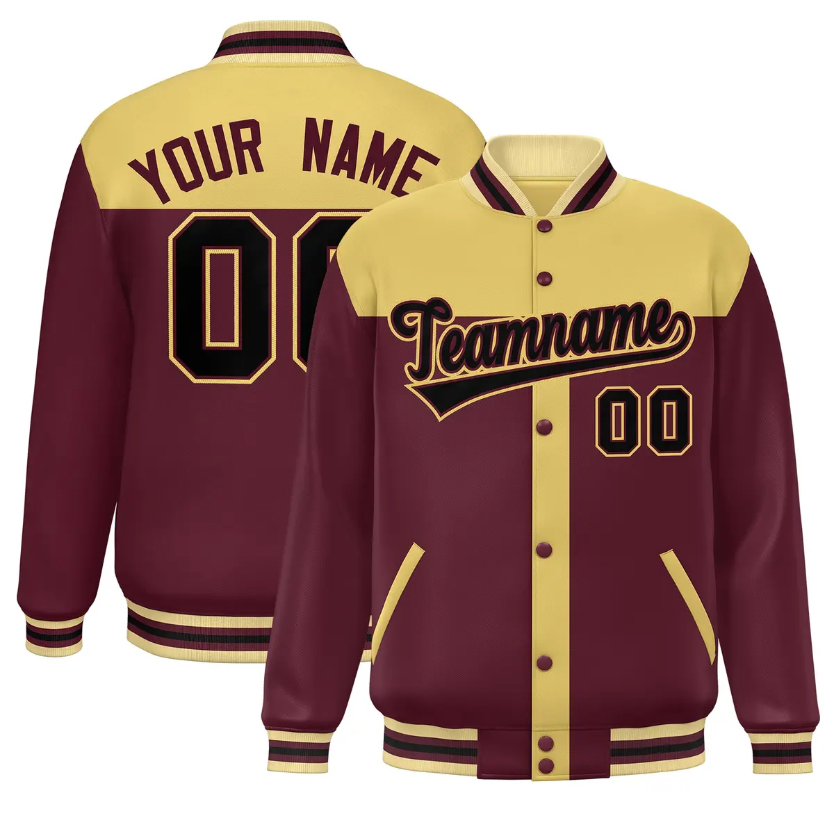 Khaki Crimson Color Block Varsity Bomber Baseball Jacket