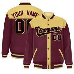 Khaki Crimson Color Block Varsity Bomber Baseball Jacket 1