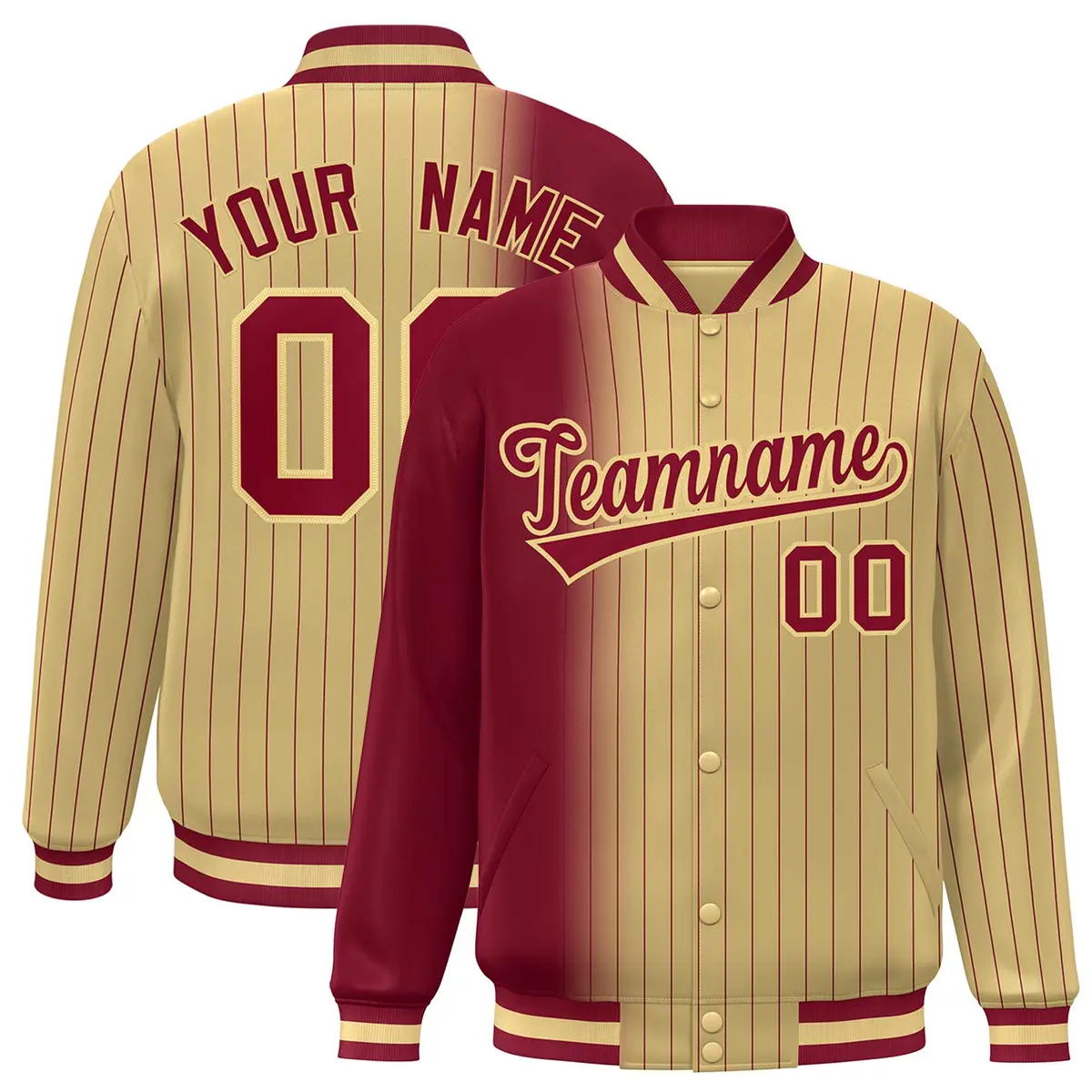 Khaki Crimson Gradient Pinstripe Varsity Full-Snap Letterman Jacket