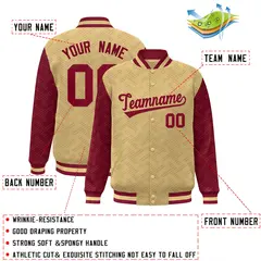 Khaki Crimson L Pattern Raglan Full-Snap Varsity Letterman Jacket 2
