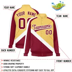 Khaki Crimson Raglan Varsity Full-Snap Letterman Baseball Jacket 2