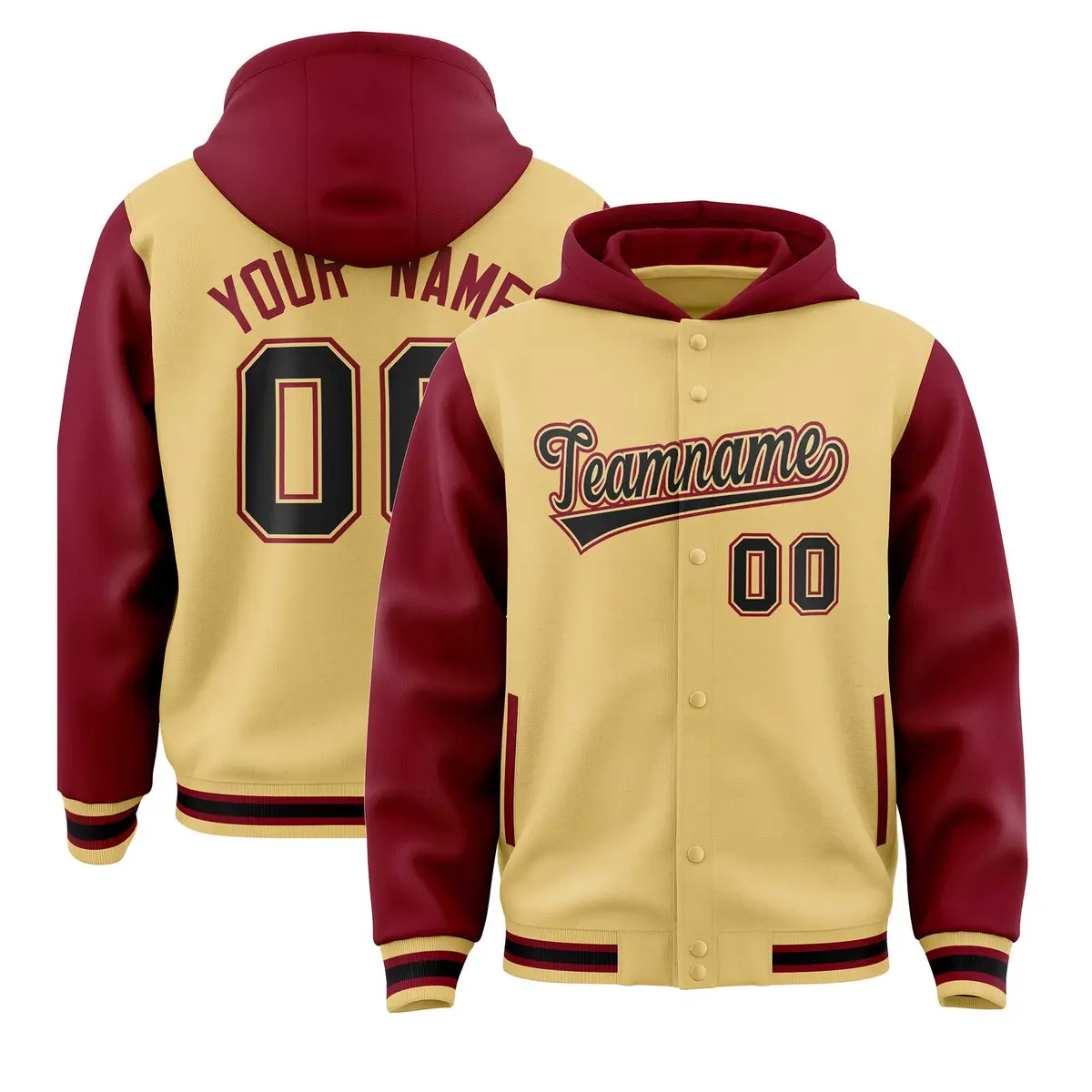 Khaki Crimson Raglan Varsity Full-Snap Letterman Jacket Hoodie