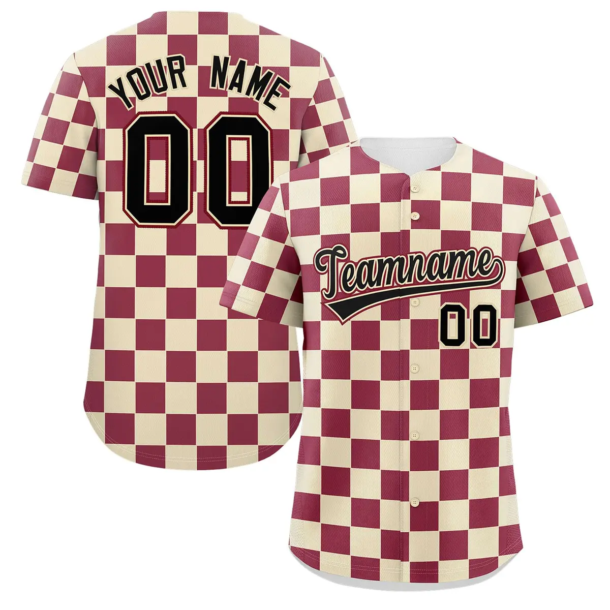 Khaki Crimson Square Grid Color Block Baseball Jersey