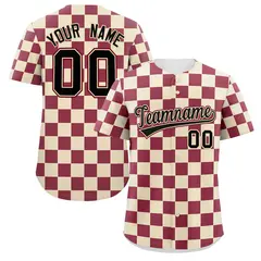 Khaki Crimson Square Grid Color Block Baseball Jersey