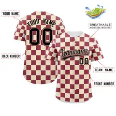 Khaki Crimson Square Grid Color Block Baseball Jersey 2