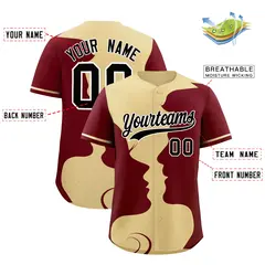 Khaki Crimson Valentine's Day Couple Silhouettes Baseball Jersey 3