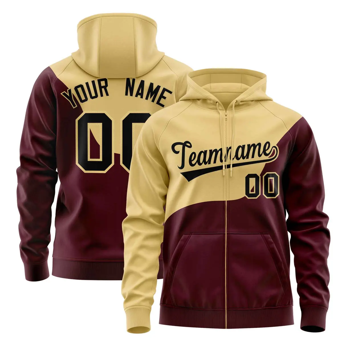 Khaki Crimson Wave Color Block Varsity Full-Zip Letterman Hoodie