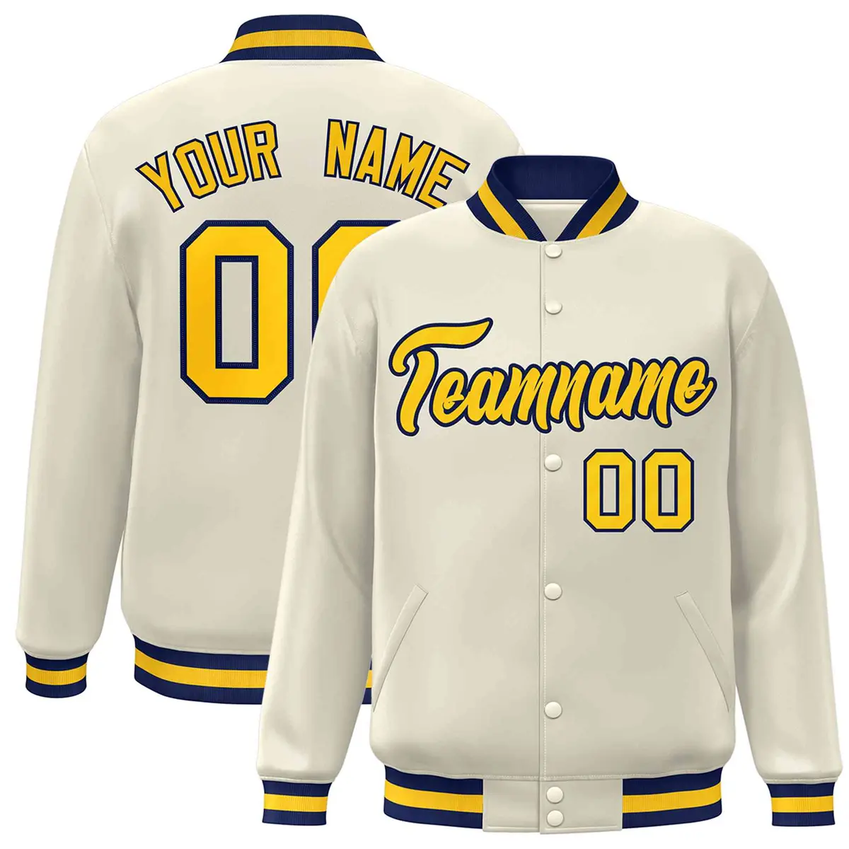 Khaki Gold-Navy Classic Varsity Full-Snap Letterman Jacket