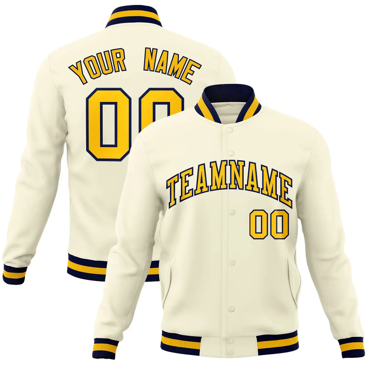 Khaki Gold-Navy Classic Varsity Full-Snap Letterman Jacket
