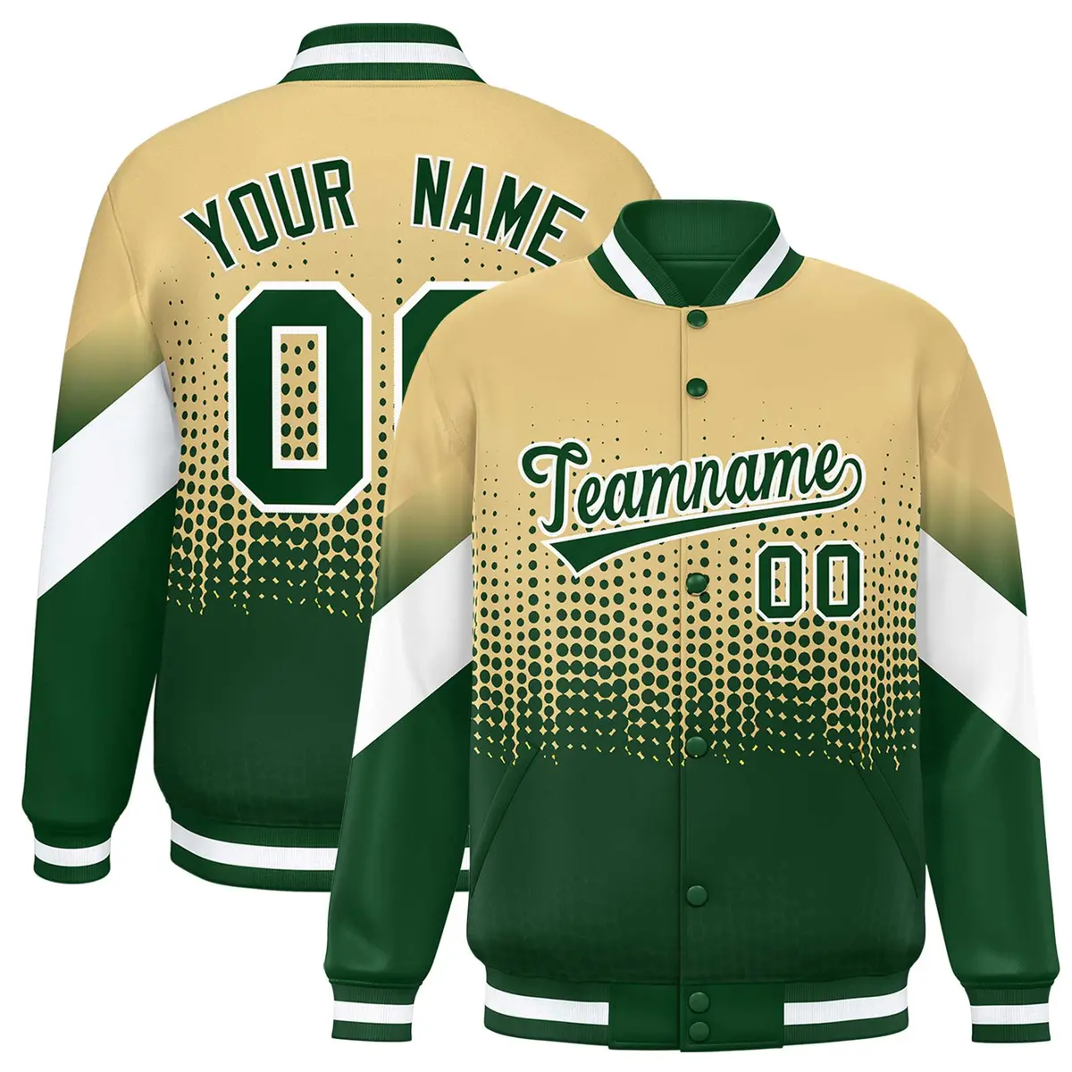 Khaki Green Gradient Polka Dot Full-Snap Letterman Baseball Jacket