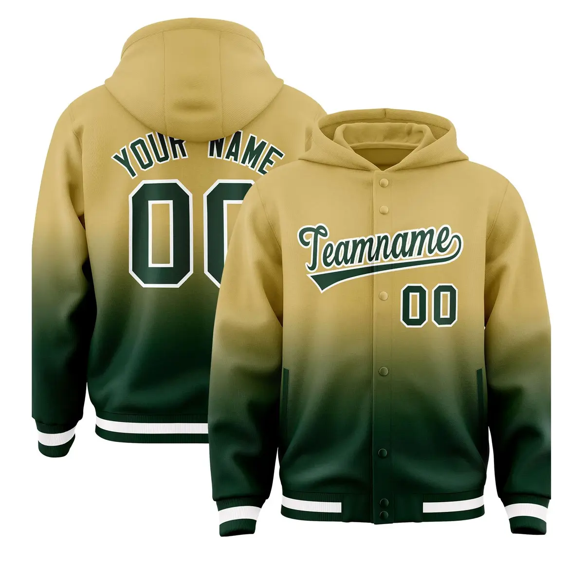 Khaki Green Gradient Varsity Full-Snap Letterman Jacket Hoodie