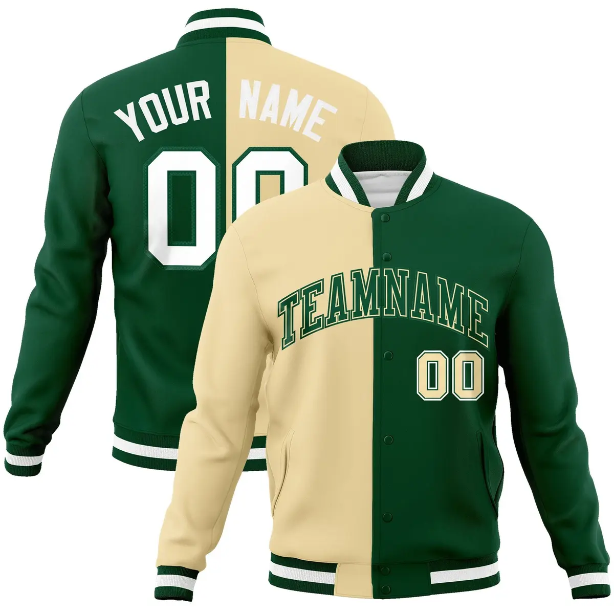 Khaki Green-Green Two Tone Split Varsity Full-Snap Letterman Jacket