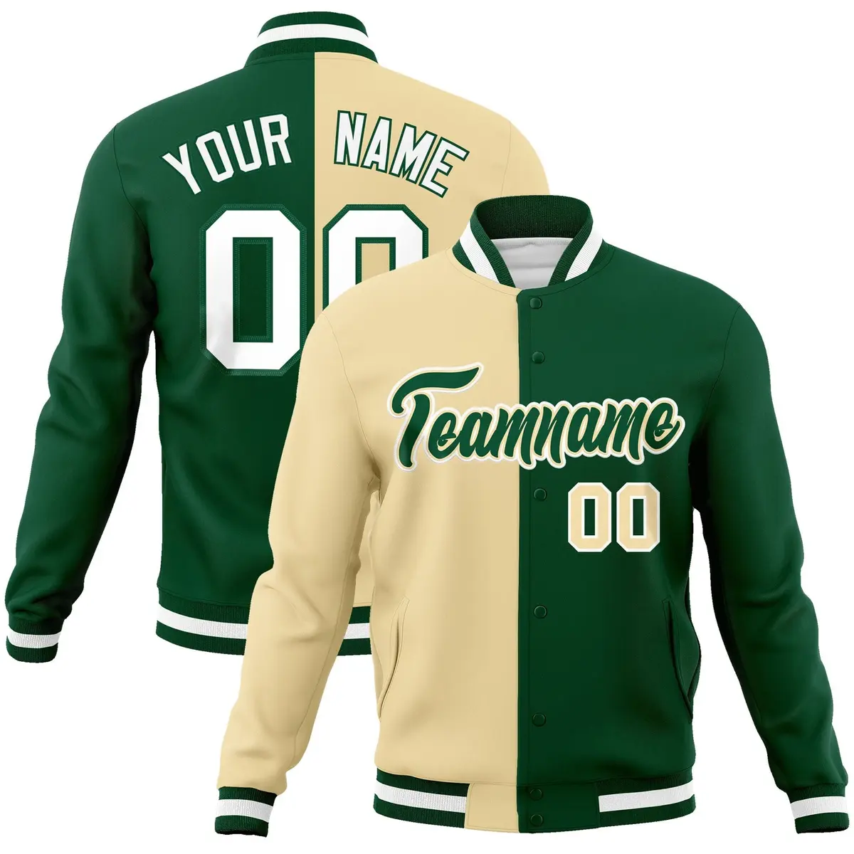 Khaki Green-Green Two Tone Split Varsity Full-Snap Letterman Jacket
