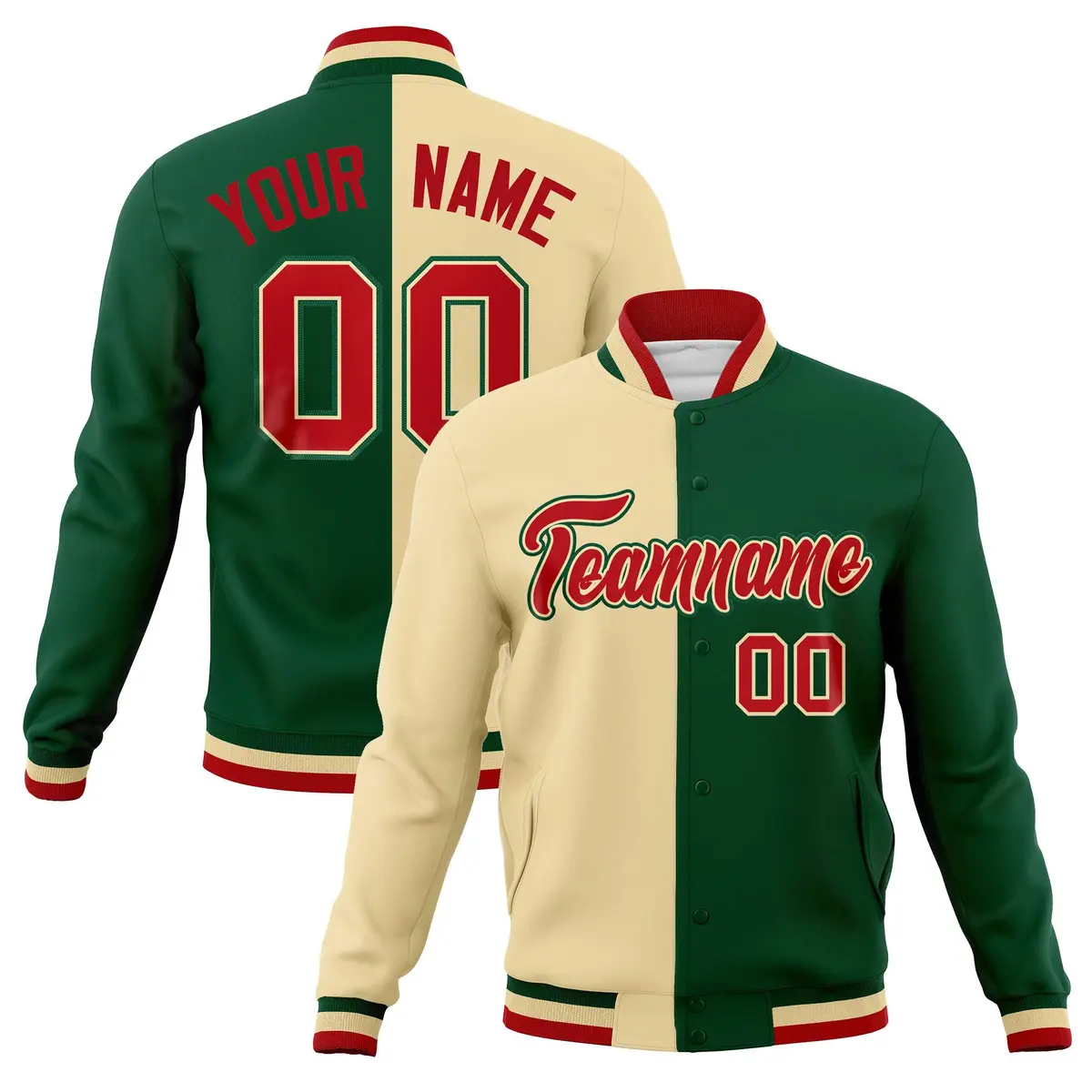 Khaki Green-Green Two Tone Split Varsity Full-Snap Letterman Jacket