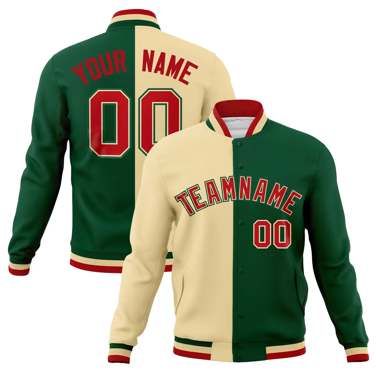 Khaki Green-Green Two Tone Split Varsity Full-Snap Letterman Jacket