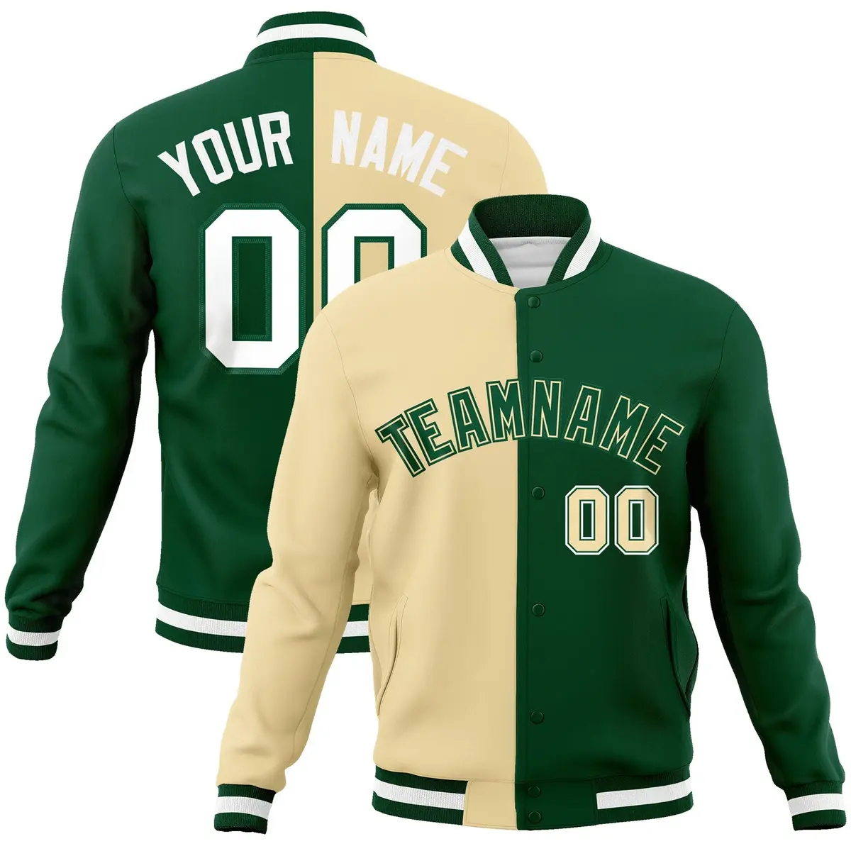 Khaki Green-Green Two Tone Split Varsity Full-Snap Letterman Jacket