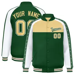 Khaki Green K-Ribbon Raglan Full-Snap Color Block Letterman Jacket