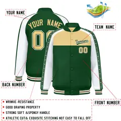 Khaki Green K-Ribbon Raglan Full-Snap Color Block Letterman Jacket 2