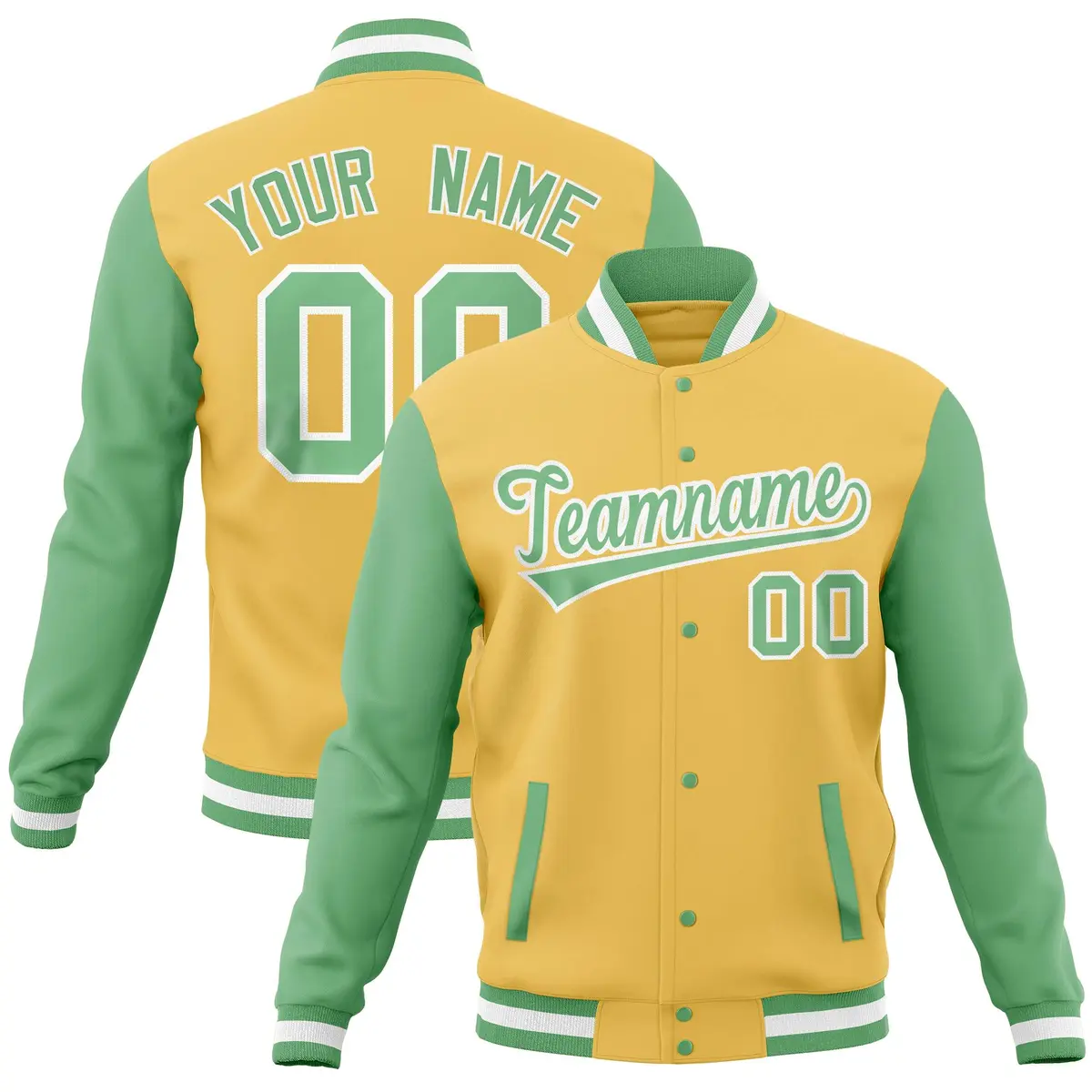 Khaki Green Raglan Sleeves Full-Snap Letterman Jacket