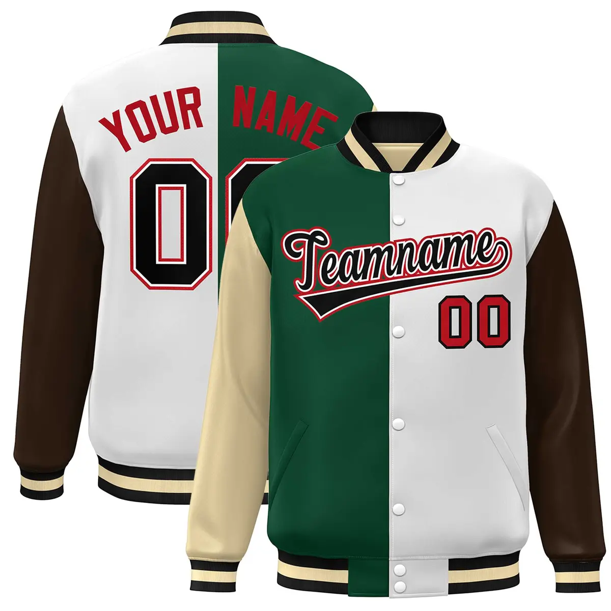 Khaki Green White-Brown Color Block Varsity Bomber Jacket