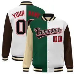 Khaki Green White-Brown Color Block Varsity Bomber Jacket