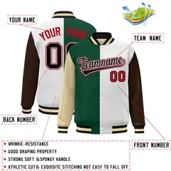 Khaki Green White-Brown Color Block Varsity Bomber Jacket 2