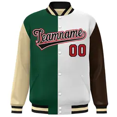 Khaki Green White-Brown Color Block Varsity Bomber Jacket 3