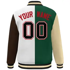 Khaki Green White-Brown Color Block Varsity Bomber Jacket 4