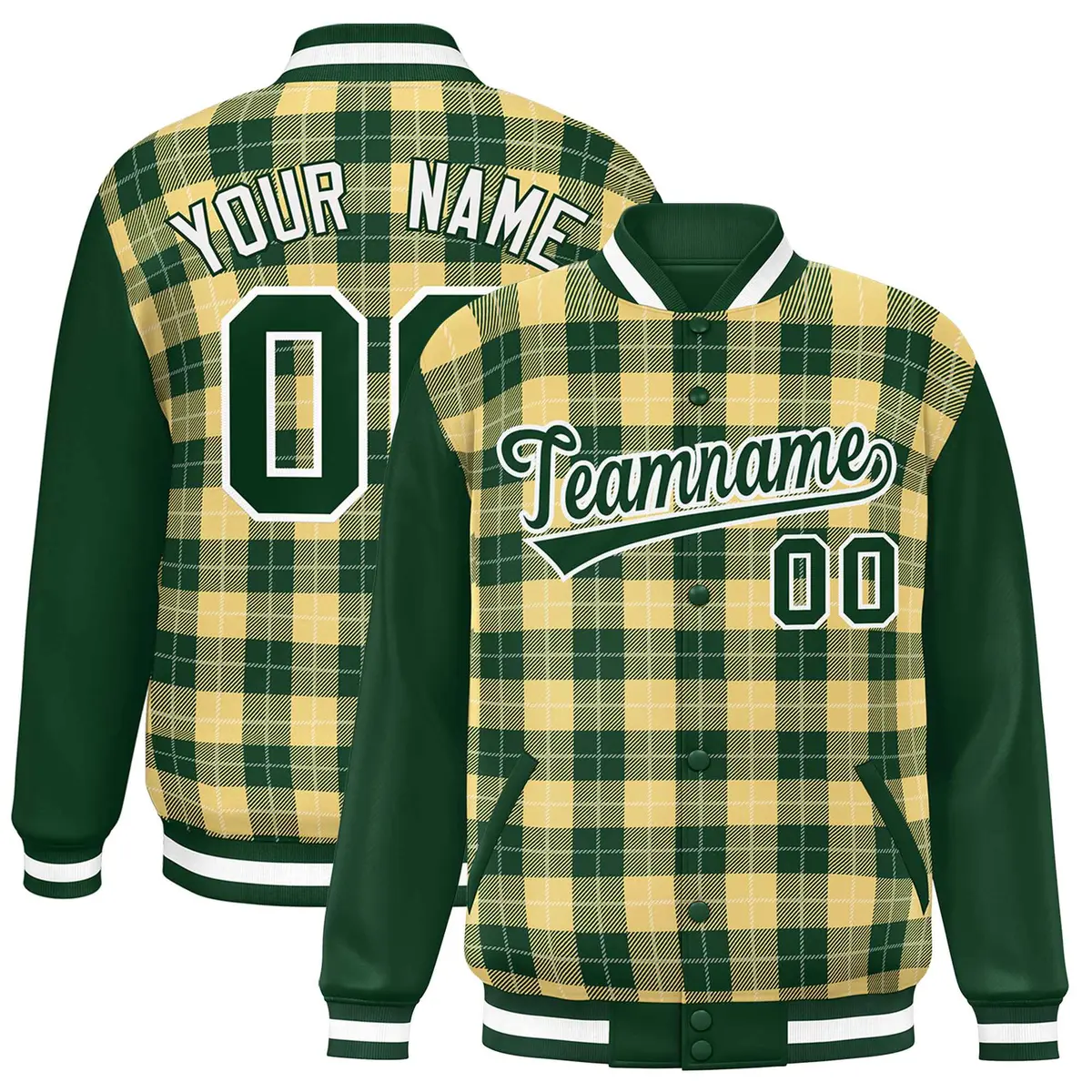 Khaki Green-White Plaid Varsity Letterman Baseball Jacket