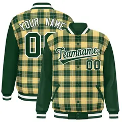 Khaki Green-White Plaid Varsity Letterman Baseball Jacket 1