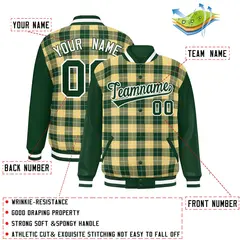 Khaki Green-White Plaid Varsity Letterman Baseball Jacket 2