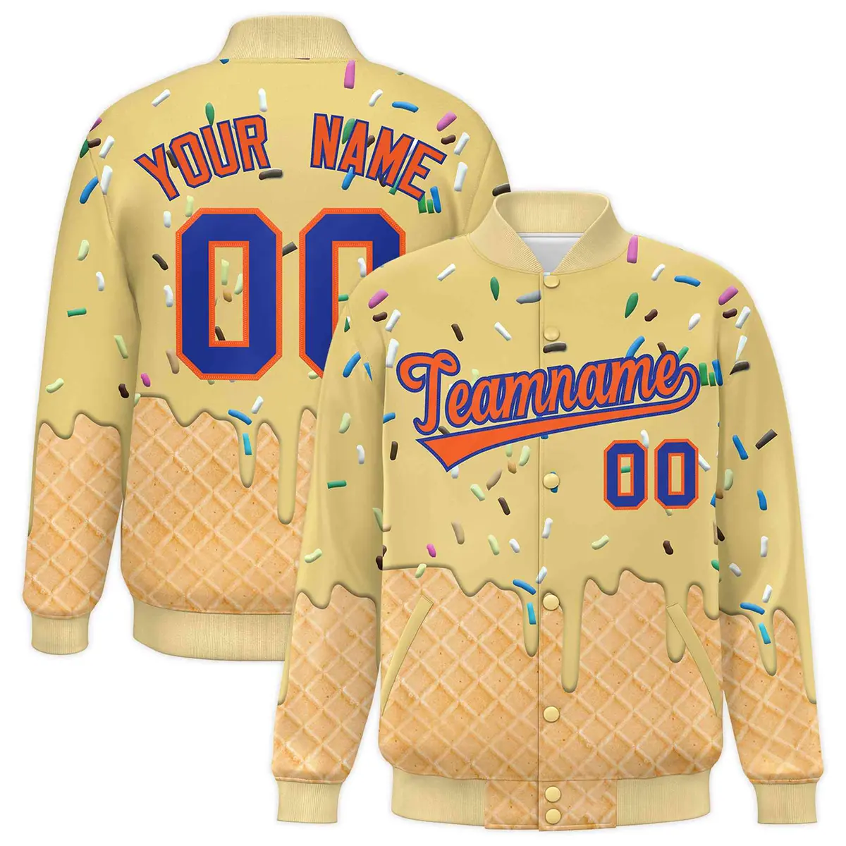 Khaki Ice Cream Cone Graffiti Full-Snap Varsity Letterman Jacket