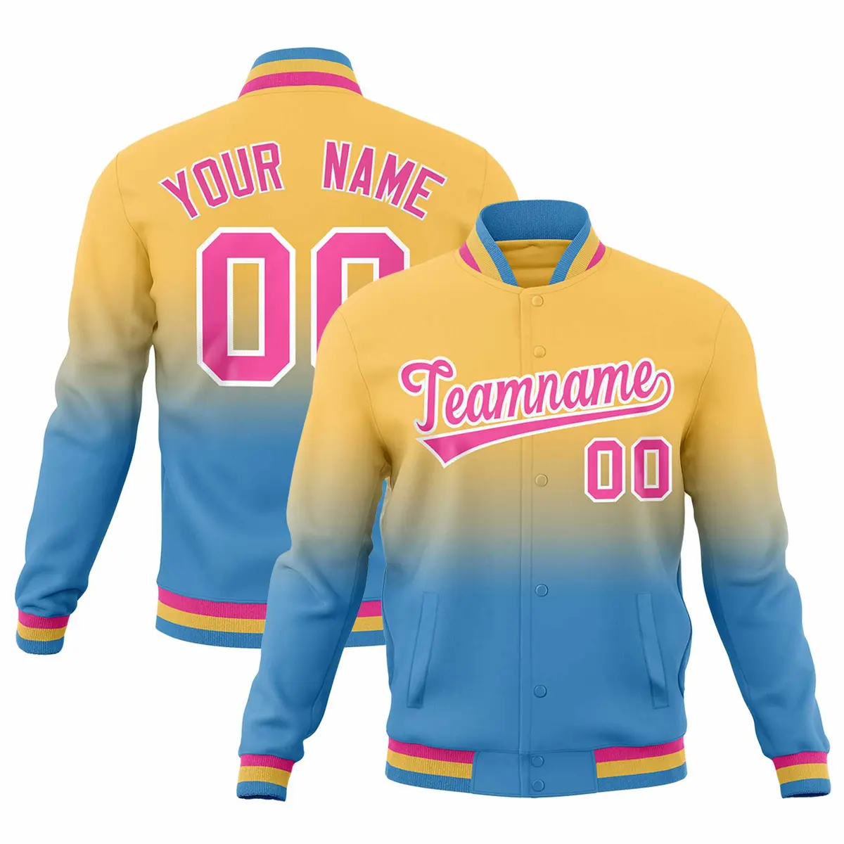 Khaki Light Blue Gradient Full-Snap Varsity Letterman Jacket