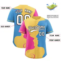 Khaki Light Blue Pink Valentine's Day Couple Silhouettes Baseball Jersey 3