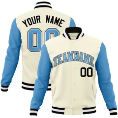 Khaki Light Blue-White Raglan Sleeves Varsity Full-Snap Letterman Jacket 1