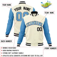 Khaki Light Blue-White Raglan Sleeves Varsity Full-Snap Letterman Jacket 4