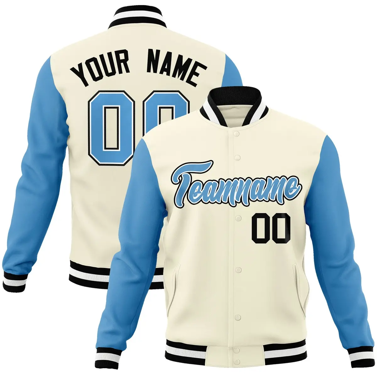Khaki Light Blue-White Raglan Sleeves Varsity Full-Snap Letterman Jacket