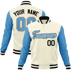 Khaki Light Blue-White Raglan Sleeves Varsity Full-Snap Letterman Jacket 1