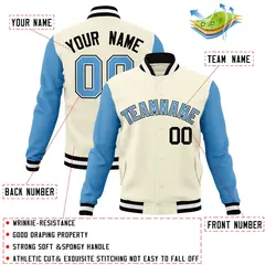 Khaki Light Blue-White Raglan Sleeves Varsity Full-Snap Letterman Jacket 4