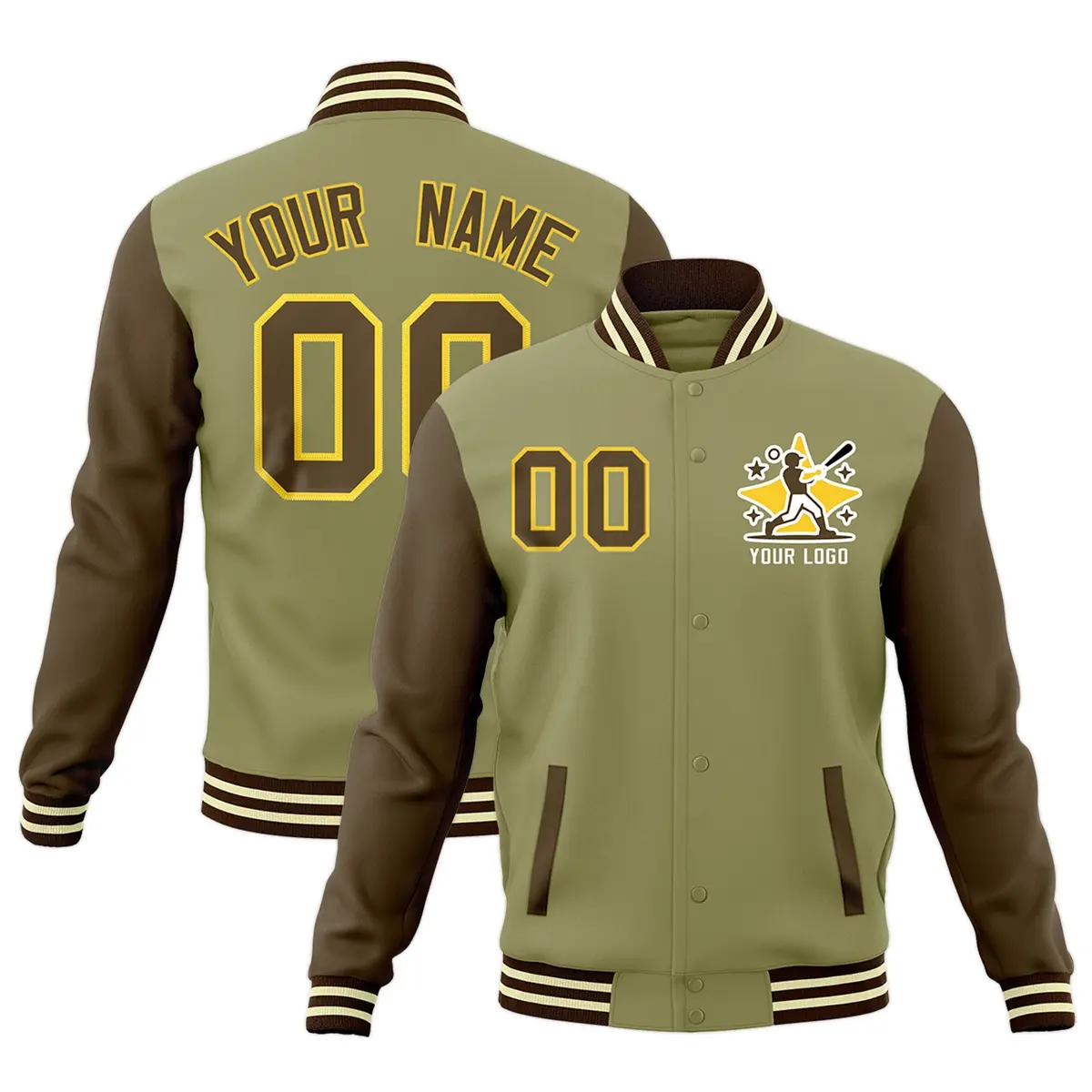 Khaki Light Brown Cream Raglan Sleeves Full-Snap Letterman Cotton Jacket