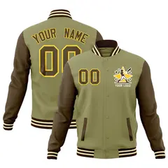Khaki Light Brown Cream Raglan Sleeves Full-Snap Letterman Cotton Jacket 1