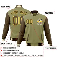 Khaki Light Brown Cream Raglan Sleeves Full-Snap Letterman Cotton Jacket 2